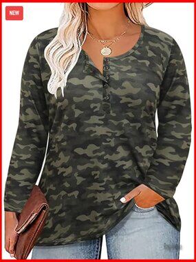 Plus Size Long Sleeve Henley Tunic Blouse Stretch Button Down Tops